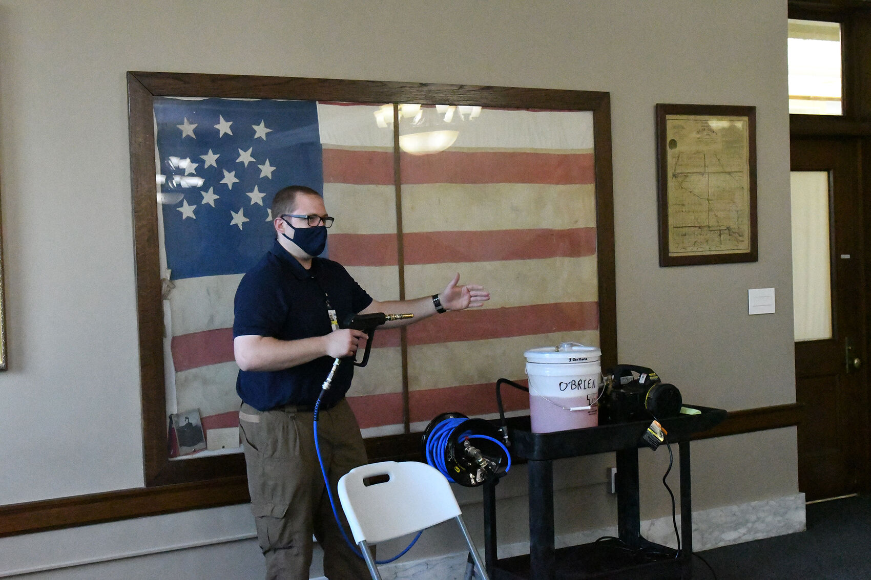 Jared Johnson demonstrates sanitizer